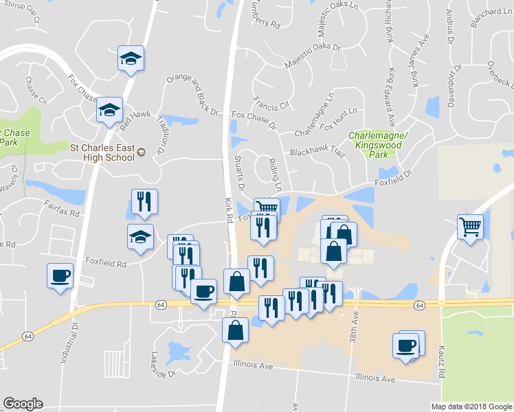 map of restaurants, bars, coffee shops, grocery stores, and more near 707 Stuarts Drive in Saint Charles