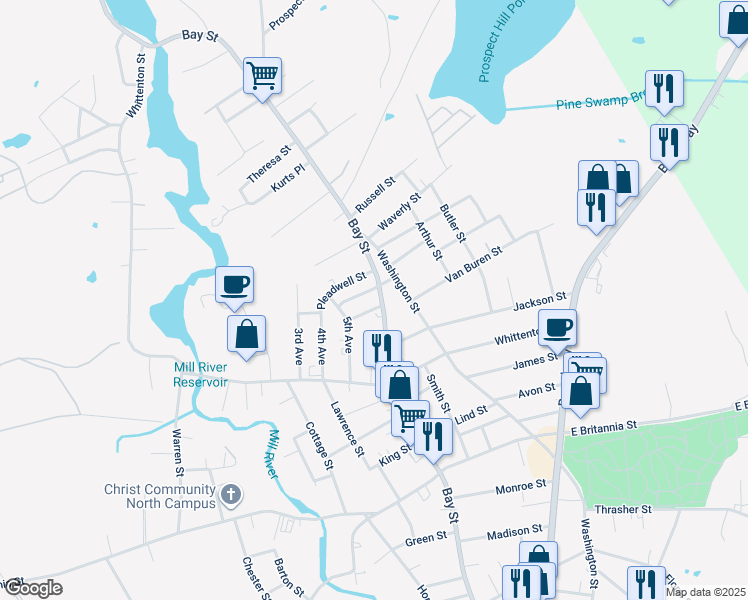 map of restaurants, bars, coffee shops, grocery stores, and more near 557 Bay Street in Taunton