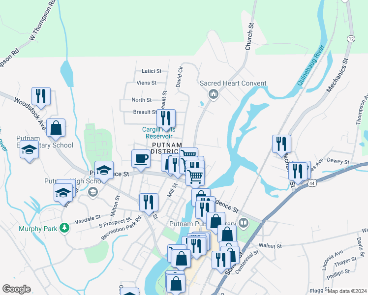 map of restaurants, bars, coffee shops, grocery stores, and more near 362 Church Street in Putnam