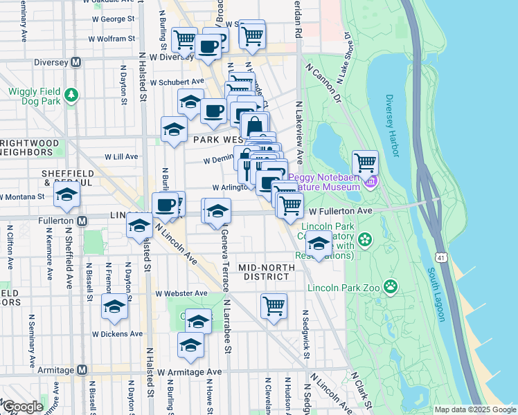 map of restaurants, bars, coffee shops, grocery stores, and more near 519 West Arlington Place in Chicago