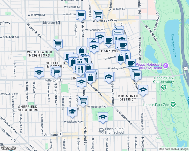 map of restaurants, bars, coffee shops, grocery stores, and more near 2434 North Orchard Street in Chicago