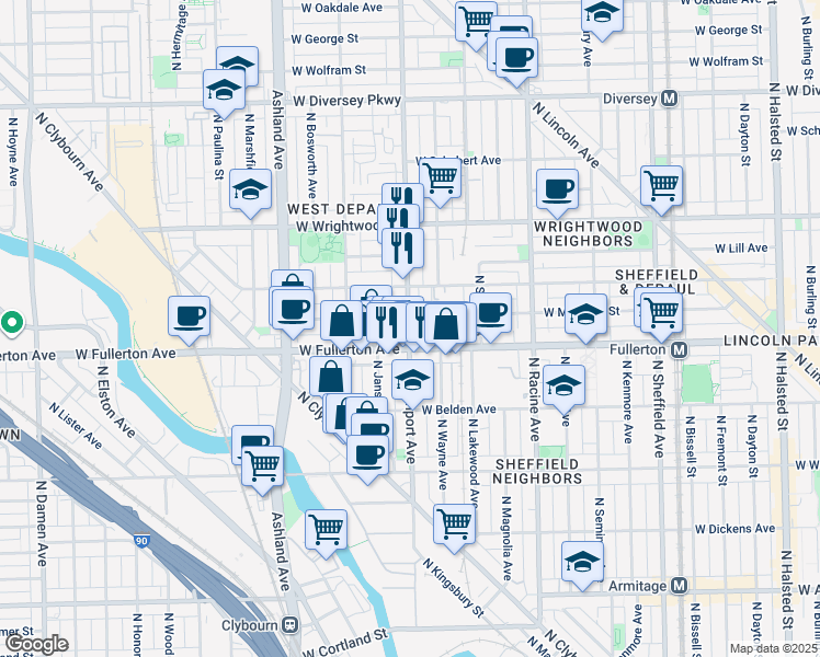 map of restaurants, bars, coffee shops, grocery stores, and more near 2447 North Southport Avenue in Chicago