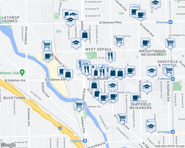 map of restaurants, bars, coffee shops, grocery stores, and more near 2442 North Greenview Avenue in Chicago