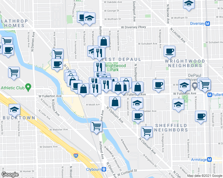 map of restaurants, bars, coffee shops, grocery stores, and more near 2419 North Ashland Avenue in Chicago