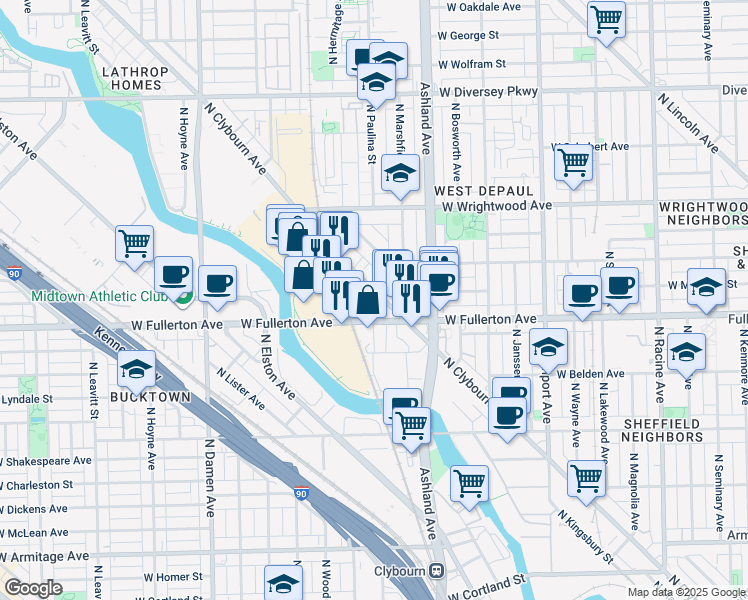 map of restaurants, bars, coffee shops, grocery stores, and more near 2449 North Clybourn Avenue in Chicago