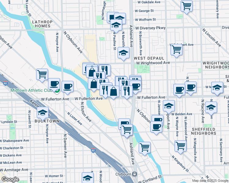 map of restaurants, bars, coffee shops, grocery stores, and more near 2449 North Clybourn Avenue in Chicago