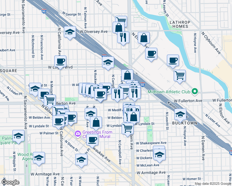 map of restaurants, bars, coffee shops, grocery stores, and more near 2453 North Campbell Avenue in Chicago