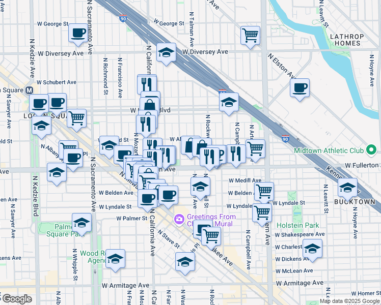 map of restaurants, bars, coffee shops, grocery stores, and more near 2651 West Altgeld Street in Chicago