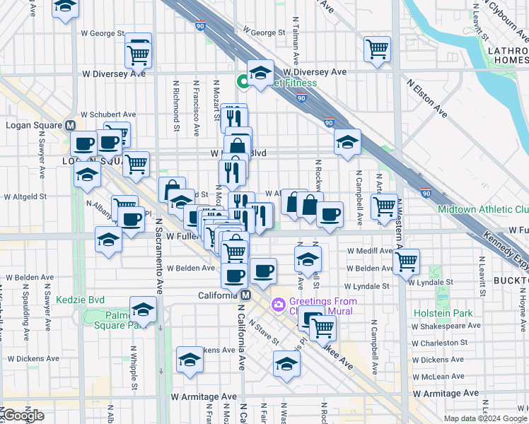 map of restaurants, bars, coffee shops, grocery stores, and more near 2457 North Fairfield Avenue in Chicago