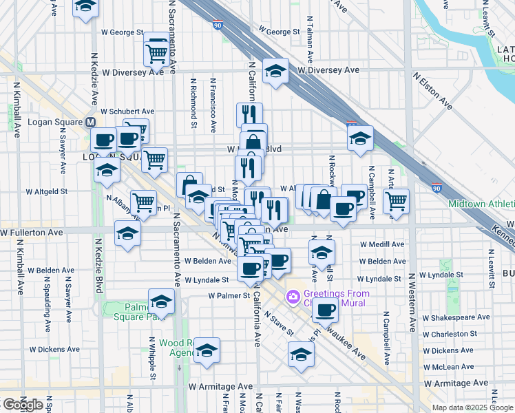 map of restaurants, bars, coffee shops, grocery stores, and more near 2515 North California Avenue in Chicago