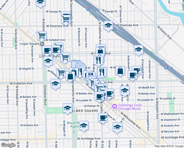 map of restaurants, bars, coffee shops, grocery stores, and more near 2456 North Mozart Street in Chicago