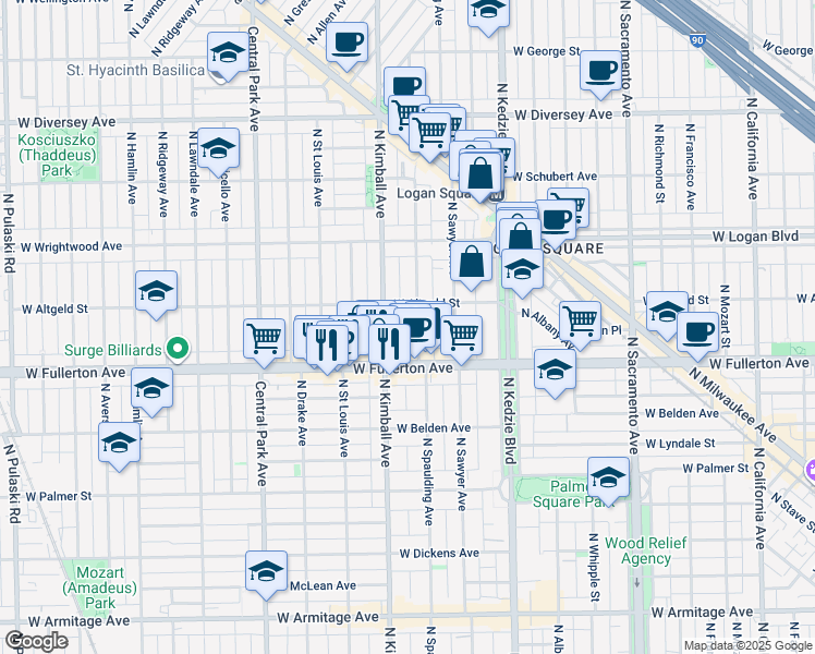 map of restaurants, bars, coffee shops, grocery stores, and more near 2454 North Spaulding Avenue in Chicago
