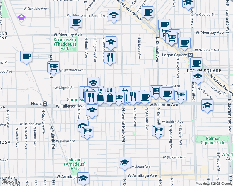 map of restaurants, bars, coffee shops, grocery stores, and more near 2500 North Monticello Avenue in Chicago