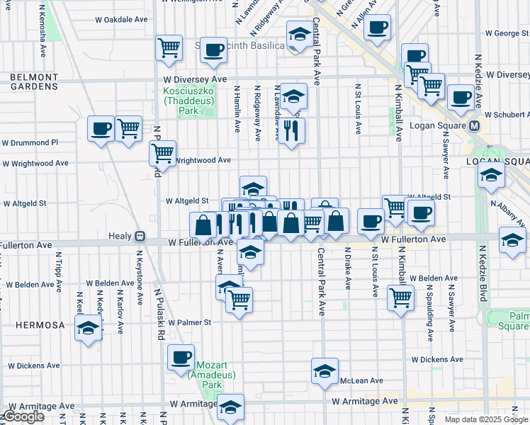 map of restaurants, bars, coffee shops, grocery stores, and more near 3710 West Altgeld Street in Chicago