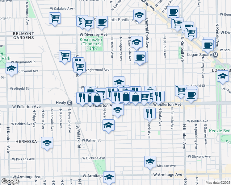map of restaurants, bars, coffee shops, grocery stores, and more near 3752 West Altgeld Street in Chicago