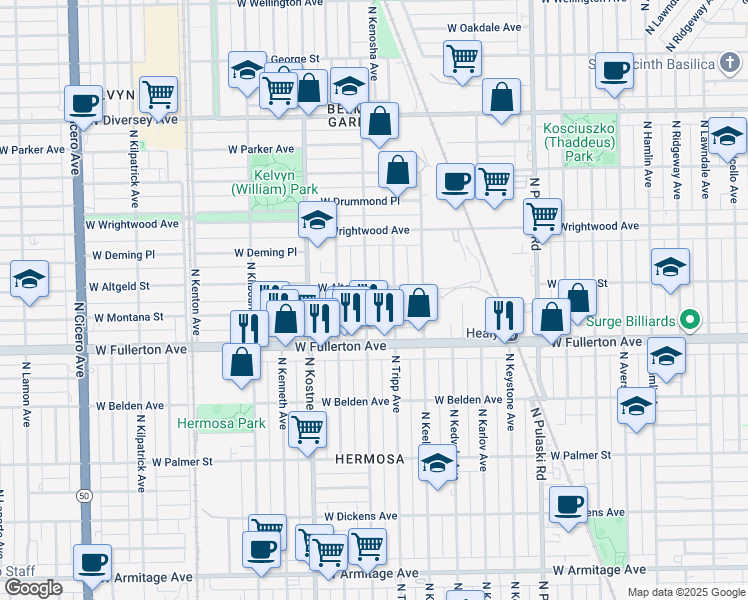map of restaurants, bars, coffee shops, grocery stores, and more near 2504 North Tripp Avenue in Chicago