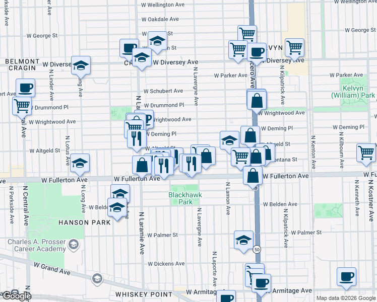 map of restaurants, bars, coffee shops, grocery stores, and more near 5001 West Deming Place in Chicago