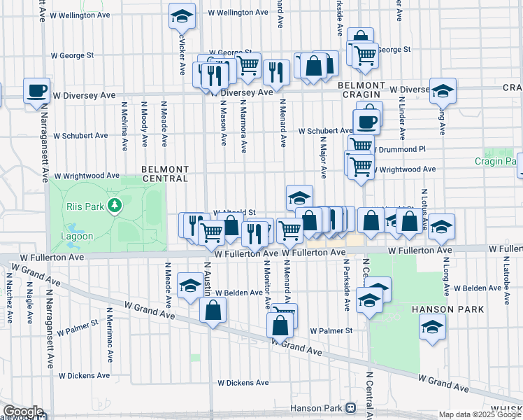 map of restaurants, bars, coffee shops, grocery stores, and more near 2526 North Monitor Avenue in Chicago