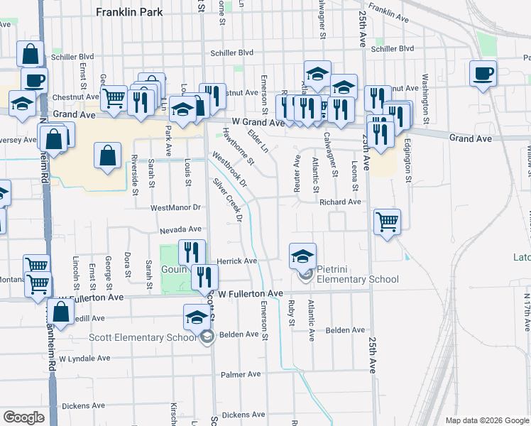 map of restaurants, bars, coffee shops, grocery stores, and more near 9822 Richard Avenue in Franklin Park