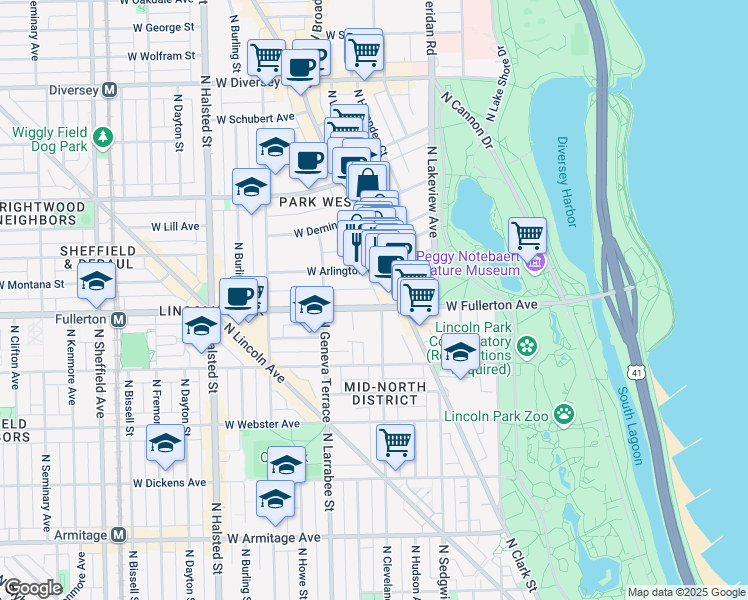 map of restaurants, bars, coffee shops, grocery stores, and more near 500 West Fullerton Avenue in Chicago