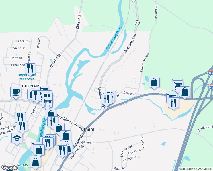 map of restaurants, bars, coffee shops, grocery stores, and more near 105 Mechanics Street in Putnam