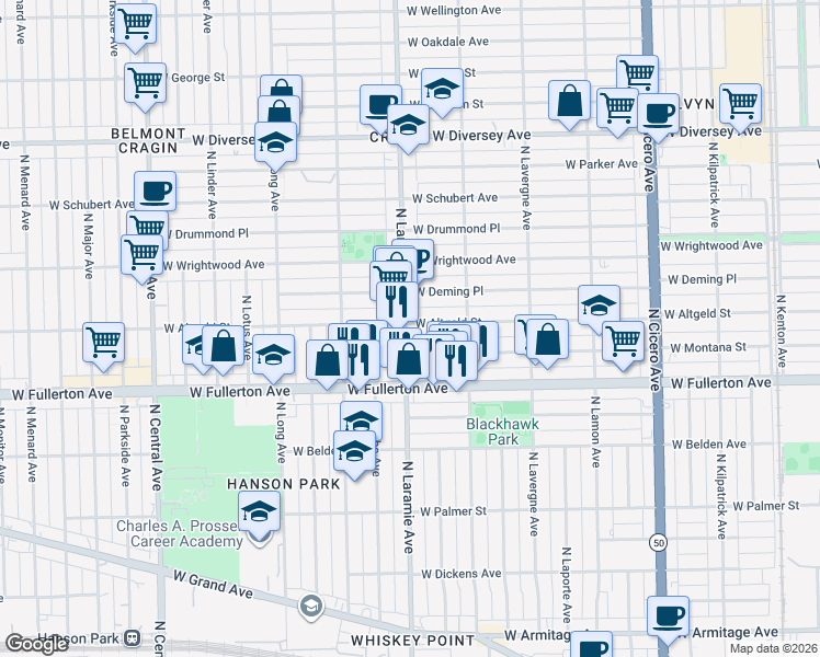map of restaurants, bars, coffee shops, grocery stores, and more near 2515 North Laramie Avenue in Chicago