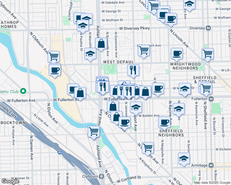 map of restaurants, bars, coffee shops, grocery stores, and more near 2420 North Greenview Avenue in Chicago