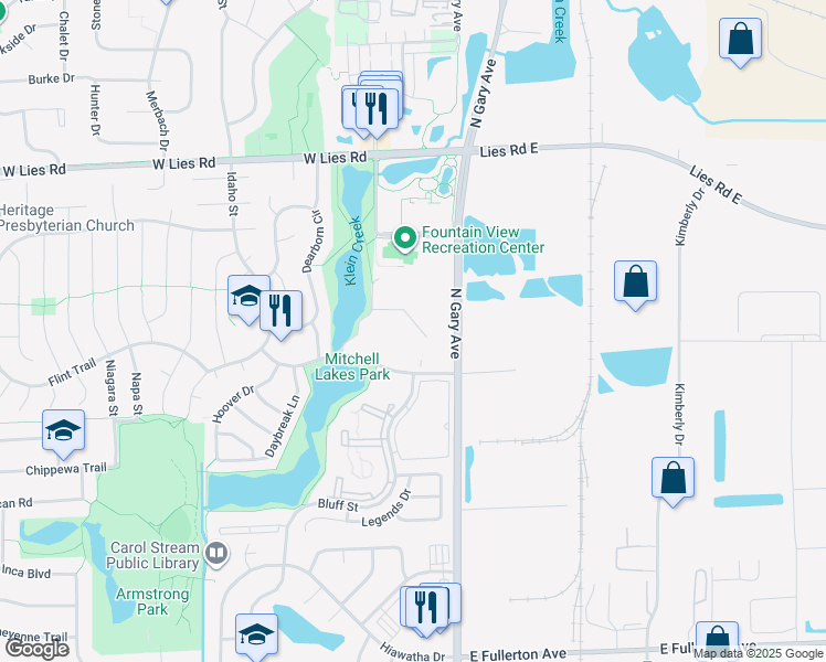 map of restaurants, bars, coffee shops, grocery stores, and more near 124 Klein Creek Court in Carol Stream