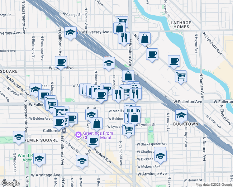 map of restaurants, bars, coffee shops, grocery stores, and more near 2429 North Campbell Avenue in Chicago