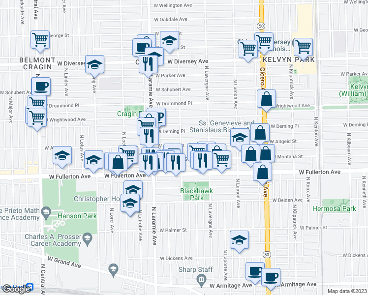 map of restaurants, bars, coffee shops, grocery stores, and more near 5057 West Altgeld Street in Chicago