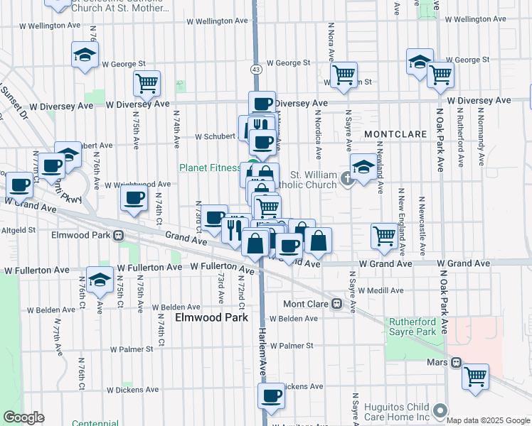 map of restaurants, bars, coffee shops, grocery stores, and more near 2515 North Harlem Avenue in Elmwood Park
