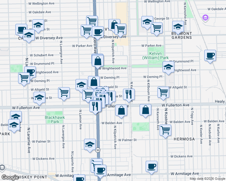 map of restaurants, bars, coffee shops, grocery stores, and more near 2504 North Kilpatrick Avenue in Chicago