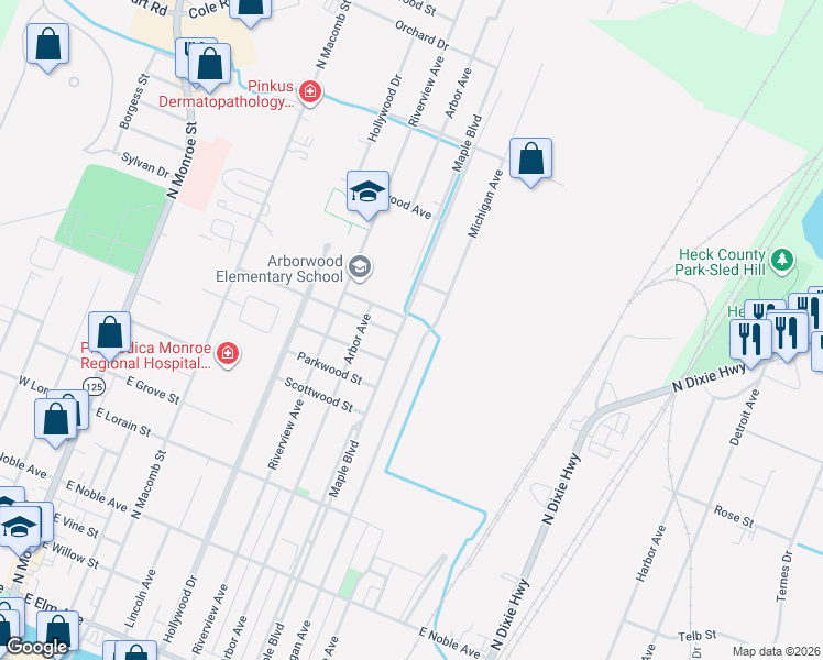 map of restaurants, bars, coffee shops, grocery stores, and more near 1036 Maple Boulevard in Monroe
