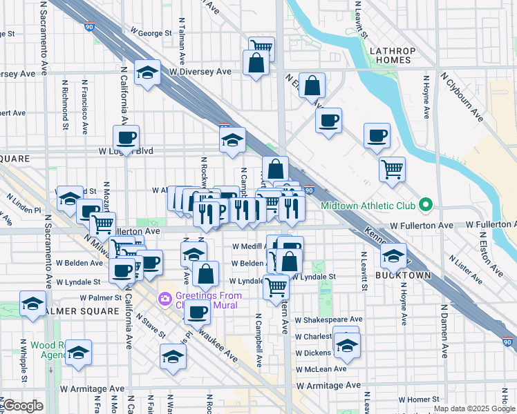 map of restaurants, bars, coffee shops, grocery stores, and more near 2453 North Campbell Avenue in Chicago