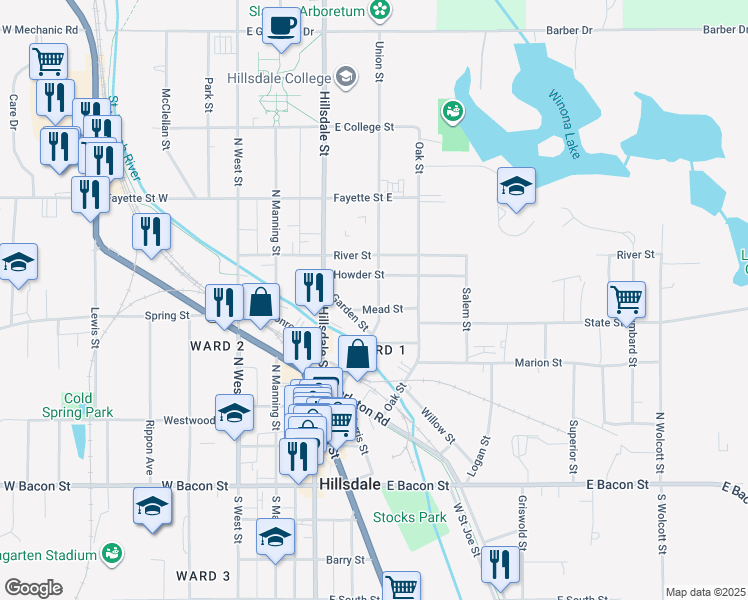 map of restaurants, bars, coffee shops, grocery stores, and more near 26 Howder Street in Hillsdale