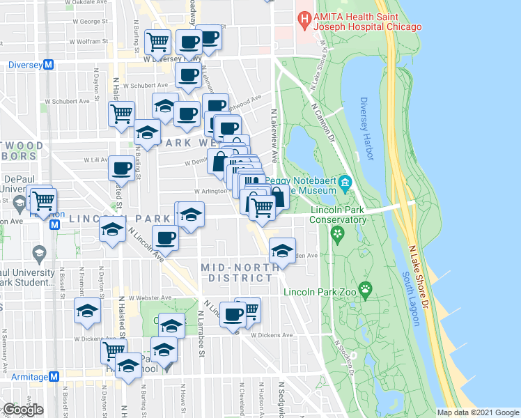map of restaurants, bars, coffee shops, grocery stores, and more near 2431 North Clark Street in Chicago