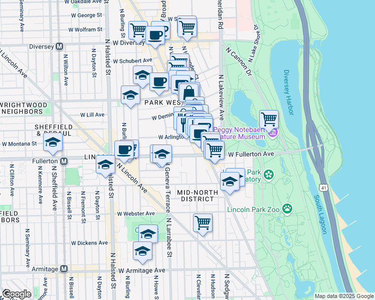 map of restaurants, bars, coffee shops, grocery stores, and more near 519 West Arlington Place in Chicago
