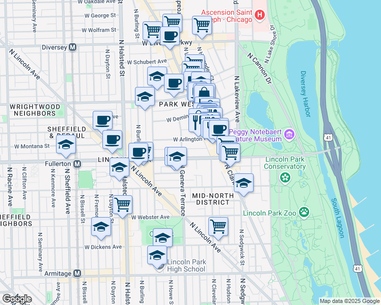 map of restaurants, bars, coffee shops, grocery stores, and more near 559 West Arlington Place in Chicago