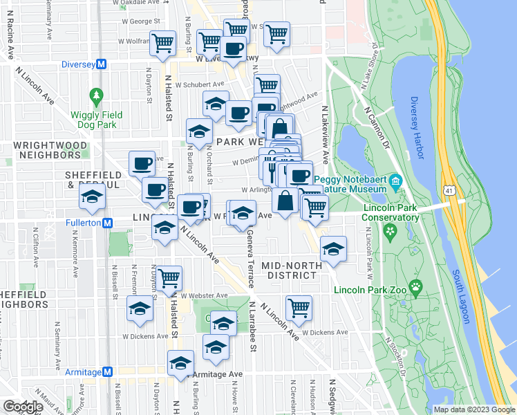 map of restaurants, bars, coffee shops, grocery stores, and more near 559 West Arlington Place in Chicago