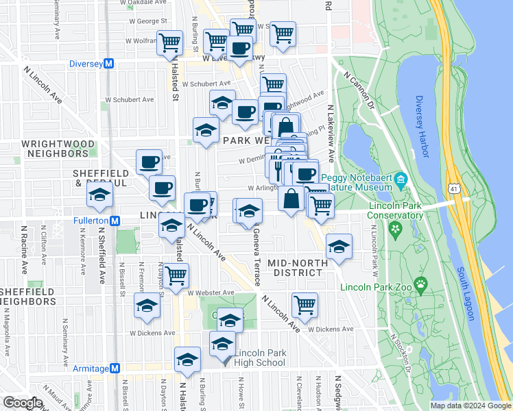 map of restaurants, bars, coffee shops, grocery stores, and more near 559 West Arlington Place in Chicago