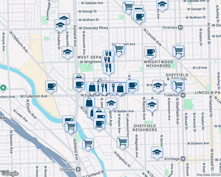 map of restaurants, bars, coffee shops, grocery stores, and more near 2447 North Southport Avenue in Chicago