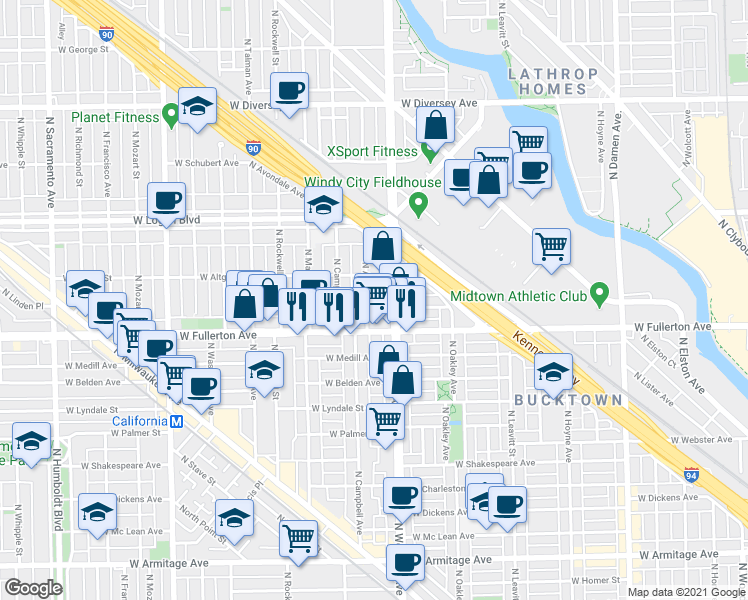 map of restaurants, bars, coffee shops, grocery stores, and more near 2453 North Artesian Avenue in Chicago