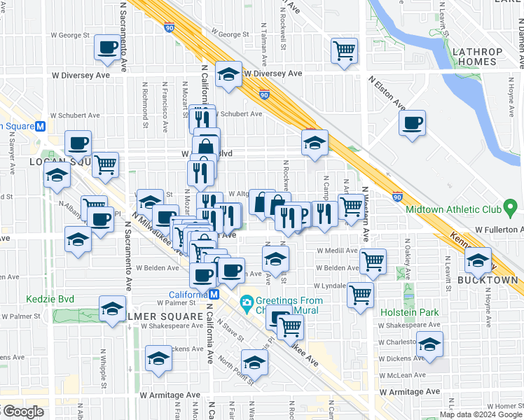 map of restaurants, bars, coffee shops, grocery stores, and more near 2651 West Altgeld Street in Chicago
