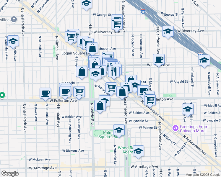 map of restaurants, bars, coffee shops, grocery stores, and more near 2504 North Linden Place in Chicago