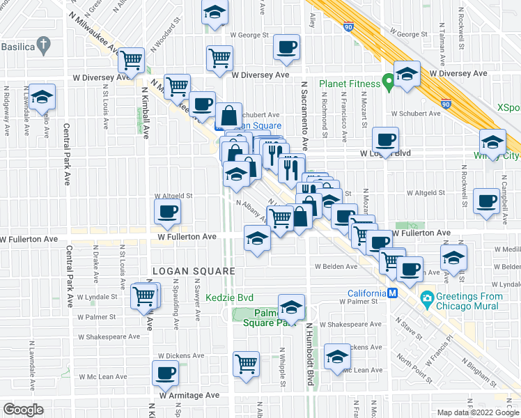 map of restaurants, bars, coffee shops, grocery stores, and more near 2504 North Linden Place in Chicago