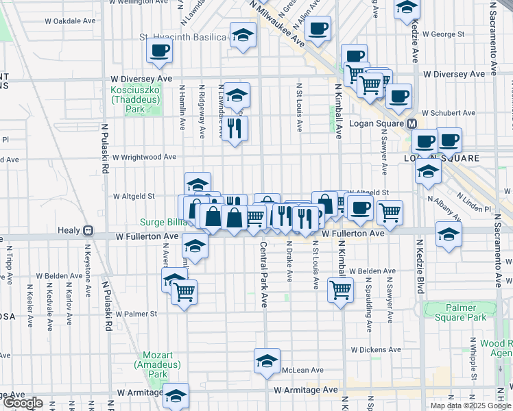 map of restaurants, bars, coffee shops, grocery stores, and more near 2502 North Central Park Avenue in Chicago