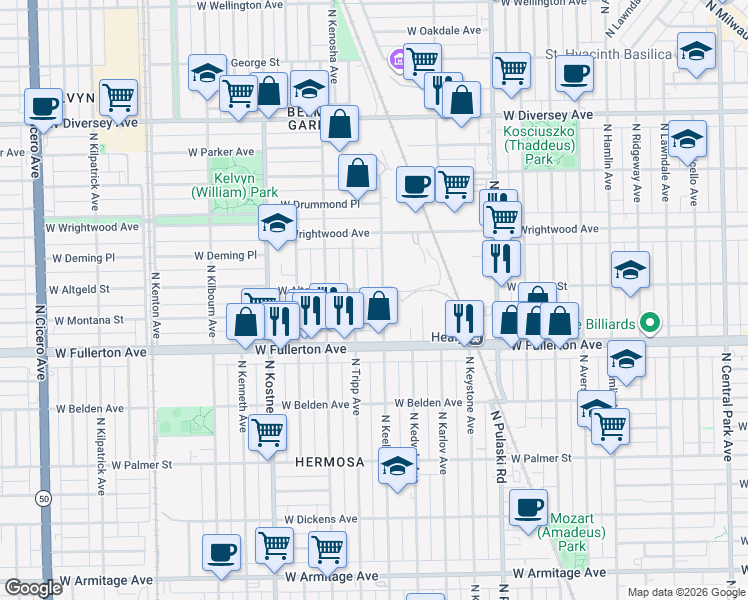 map of restaurants, bars, coffee shops, grocery stores, and more near 2504 North Keeler Avenue in Chicago