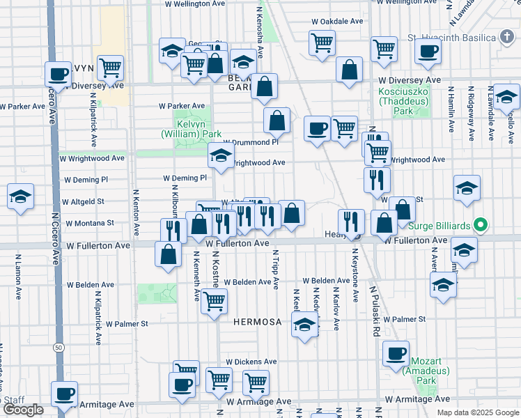 map of restaurants, bars, coffee shops, grocery stores, and more near 2504 North Tripp Avenue in Chicago
