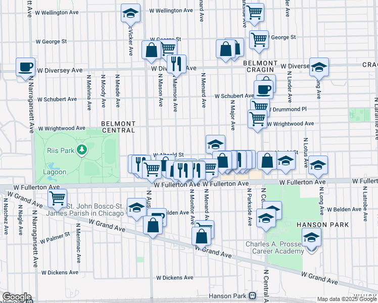 map of restaurants, bars, coffee shops, grocery stores, and more near 2526 North Monitor Avenue in Chicago