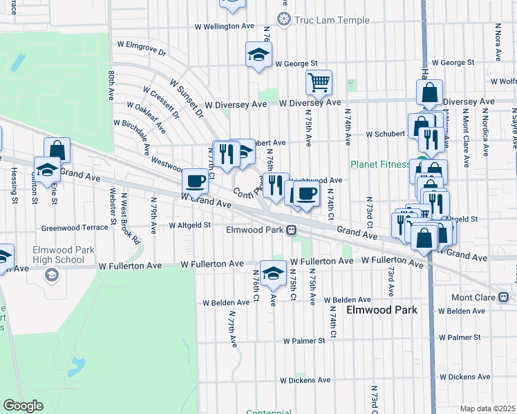 map of restaurants, bars, coffee shops, grocery stores, and more near 7 Conti Parkway in Elmwood Park